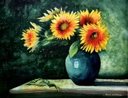 2023-08 Sonnenblumen im blauen Krug
